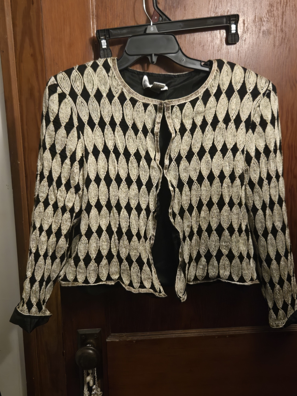 Women's Black Blazer Jacket with Gold Leaf Embroidered Pattern